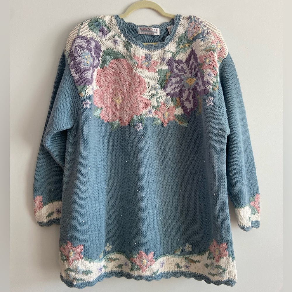Vintage XL Cozy Knit Sweater in Pastel Floral Design Karen Scott